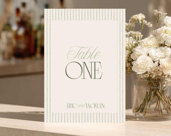 Garden Party Elegant Green Striped Table Numbers Template (Digital Download) - GPGS7