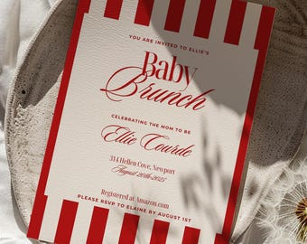 Plantilla de invitación para brunch de bebé con rayas rojas de Old Money (descarga digital)