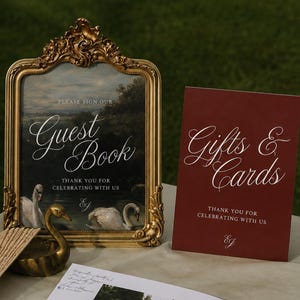 Wedding Guest Book Sign Editable Template Burgundy Wedding Signs Swans Oil Painting Design Gifts Cards Sign Collection Digital Download Printable Reception Signage Customizable Canva Template Set Romantic Vintage Style Script Typography