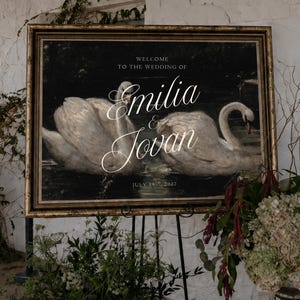 Wedding Welcome Sign Editable Template Customizable Canva Burgundy Vintage Swans Painting Artwork Elegant Calligraphy Ceremony Entrance