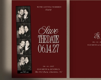 Photo Booth Save the Date Card Template Editable Canva Printable Wedding Invite Burgundy Ivory Vintage Photobooth Strip Digital Download