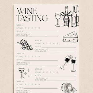 Wine Tasting Scorecard Printable Template Canva Download Digital File Girls Night Activity Cocktail Party Planning Elegant Event Entertainment Old Money Aesthetic Coquette Style Rating System Notes Section Hand Drawn Illustrations Wine