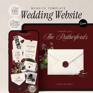 Elegant Burgundy Floral 4 Page Wedding Website Template: Minimalist Digital Invitation (Canva Download) EBW5