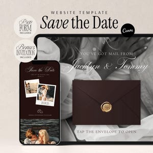 May include: A digital Save the Date website template featuring a dark brown envelope with a gold wax seal, a mobile phone display showing a couple's photo invitation, and text including "Save the Date," "Jacklyn & Tommy," and "Tap the envelope to open."