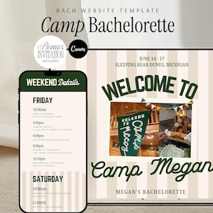 Camp Bachelorette Party Website Template Invitation Itinerary Weekend Planner Cabin Lake House Cottage Celebration Bride Trip Event Invite