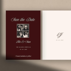 May include: A dark burgundy Save the Date card featuring a four-panel black and white photo strip, the names Ella & Sam, The Algarve, Portugal, and the date 29-10-2027. Beside it, a white card displays the initials EJ and the date 29-10-2027.