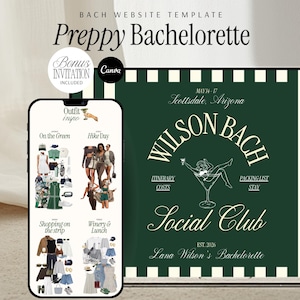 May include: A digital template for a bachelorette party, featuring a smartphone displaying outfit inspiration and a green and white sign with the text "Wilson Bach Social Club". The design includes the text "Preppy Bachelorette".
