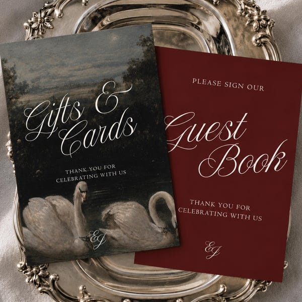 Wedding Guest Book Sign Editable Gifts Cards Sign Burgundy Wedding Signs Swans Oil Painting Wedding Signage Customizable Gift Table Sign