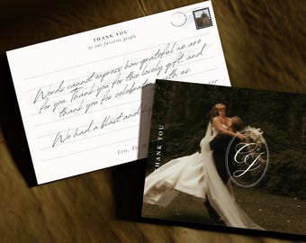 Plantilla de tarjeta de agradecimiento de boda personalizable Tarjeta nupcial editable Diseño de Canva Papelería de boda imprimible Foto Monograma Vintage