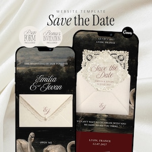 Save the Date Website Template Burgundy Vintage Swans Wedding Invitation Paperless Animated Lace Envelope Invite Interactive Announcement