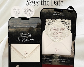 Save the Date Website Template Burgundy Vintage Swans Wedding Invitation Paperless Animated Lace Envelope Invite Interactive Announcement