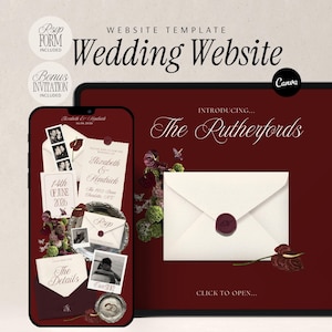 May include: A digital wedding website template featuring a deep red background with cream-colored envelopes, floral accents, and text including "Wedding Website," "The Rutherfords," "Elizabeth & Kendrich," "RSVP," and "The Details" displayed on a smartphone and tablet screen.