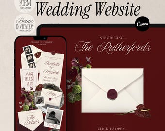 Wedding Website Template Old Money Burgundy Floral Digital Invitation Minimalist Ceremony Site with RSVP Form Customizable Canva Wedding