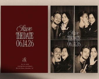 Wedding Save the Date Invitation Template Canva Editable Burgundy Cream Classic Photo Booth Printable Announcement Simple Clean Minimalist