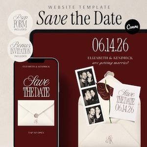Burgundy Floral Wedding Website Template Save The Date Invitation Modern Minimalist Design Luxury Elegant Old Money Aesthetic Built In RSVP Form Canva Customizable Template Mobile Responsive Digital Download Instant Access Complete Wedding