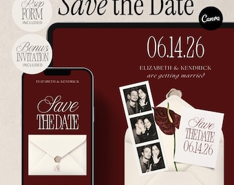 Burgundy Save the Date Invitation with RSVP Form Old Money Website Template Modern Minimalist Wedding Design Elegant Digital Save Date