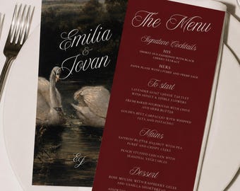 May include: A wedding menu set featuring a dark red card with white text listing courses and a rectangular card with a swan painting and the names Emilia & Jovan. The text includes Signature Cocktails, To start, Mains, and Dessert sections.
