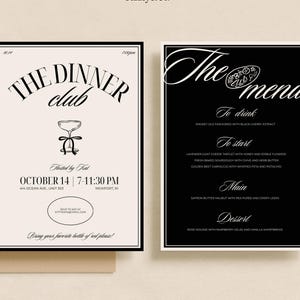 Plantilla elegante de invitación a una cena: Diseño de martini en blanco y negro (plantilla Canva descargable de 5x7)