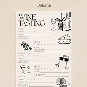 Op de afbeelding: Een beige wijnproefblad met zwarte illustraties van wijnglazen, flessen, druiven, kaas en een vat. De tekst "WINE TASTING" staat bovenaan, met ruimte om vijf wijnen te beoordelen en te beschrijven.