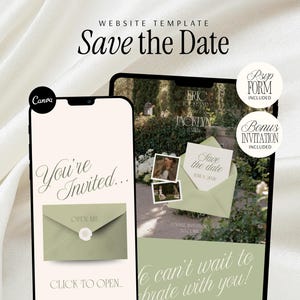 Garden Party Digital Save the Date Template Sage Green Stripes Old Money Spring Summer Ceremony Canva Editable Site RSVP Animated Envelope