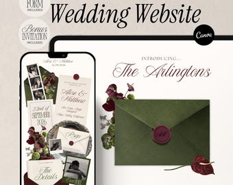 Wedding Website Template Olive Green Burgundy Invitation Digital RSVP Editable Ceremony Site Couple Details Modern Announcement