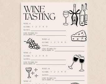 Modelo de ficha de avaliação de degustação de vinhos para imprimir, download digital no Canva, noite das meninas, festa de coquetéis, evento elegante, classe média, minimalista, jogo, coquete.