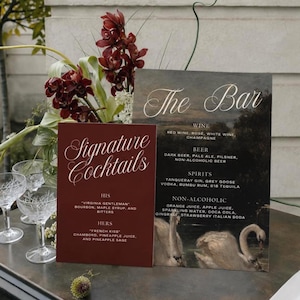 Wedding Bar Sign Template Printable Drink Menu Burgundy Reception Cocktail Display Editable Canva Beverage Poster Instant Download Swans