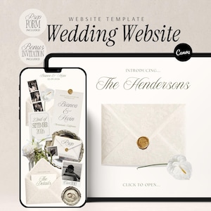 Wedding Website Template Canva Ivory Neutrals Lace Envelope Interactive Invitation with RSVP Floral Wedding Site Animated Envelope Reveal