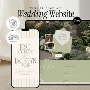 May include: A wedding website template displayed on a smartphone and a laptop. The smartphone shows the names "Eric Rockland and Jacklyn Harris" and wedding details. The laptop displays a wedding invitation with photos and the text "Kindly join us on June 8, 2026."