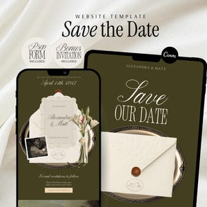 Op de afbeelding: Digitaal trouwuitnodigingssjabloon met een vintage esthetiek. Het ontwerp bevat de tekst "Save the Date" en "Save Our Date" in elegant schrift, met een crèmekleurige envelop en bloemaccenten. Inclusief een RSVP-formulier en een bonusuitnodiging.
