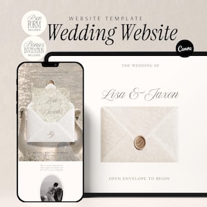 Può includere: Un modello di sito web per matrimoni digitale visualizzato su uno smartphone e un tablet. Gli schermi mostrano un elegante design di invito con i nomi Lisa & Jaxon, una busta bianca con texture in pizzo, un sigillo in ceralacca e cigni. Testo: Wedding Website.