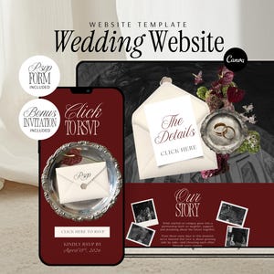 Wedding Website Template Canva Design Burgundy Cream Theme Digital Invitation RSVP Form Integrated Save Date Card Included Engagement Gift Perfect Bridal Shower Present DIY Wedding Planning Essential Editable Template Design Custom Photo