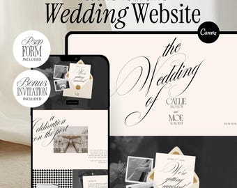 Wedding Website Template RSVP Form Old Money Elegant Editable Canva Invitation Digital Download Minimal Black and White Customizable Site