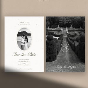 Vintage Save the Date Template Editable Canva Wedding Invitation Romantic Monogram Custom Photo Black White Engagement Announcement Card