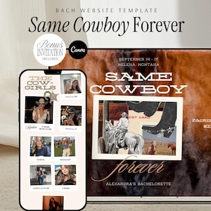 Modello di sito web per addio al nubilato Canva Invito "Same Cowboy Forever" Pianificatore di viaggio western Itinerario per weekend di addio al nubilato a Nashville Sposa per feste ad Austin