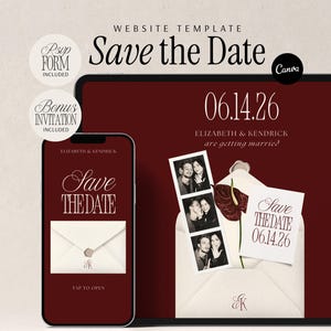 Puede incluir: Una plantilla de sitio web digital Save the Date con fondo rojo oscuro, una pantalla de teléfono móvil y una tableta. El diseño incluye un gráfico de sobre, una tira de fotos de una pareja y el texto Save the Date 06.14.26.