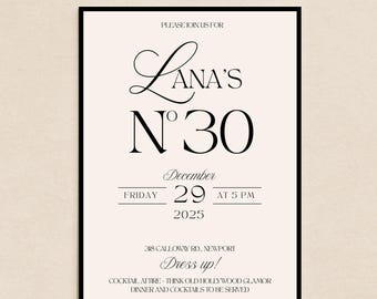Plantilla elegante de invitación de cumpleaños en blanco y negro con diseño minimalista de clase alta (descarga digital de 5x7 pulgadas)