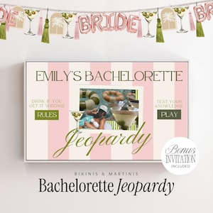 Bachelorette Jeopardy Template Canva Editable Bridal Trivia Beach Bach Party Game Instant Digital Download Bikinis and Martinis Bach Game