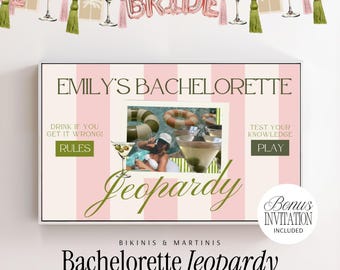 Bachelorette Jeopardy Template Canva Editable Bridal Trivia Beach Bach Party Game Instant Digital Download Bikinis and Martinis Bach Game