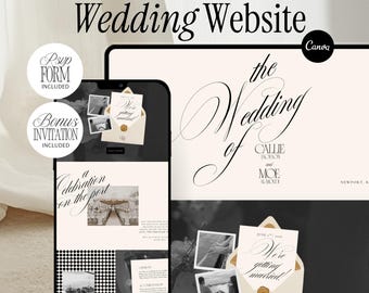 Wedding Website Template RSVP Form Old Money Elegant Editable Canva Invitation Digital Download Minimal Black and White Customizable Site