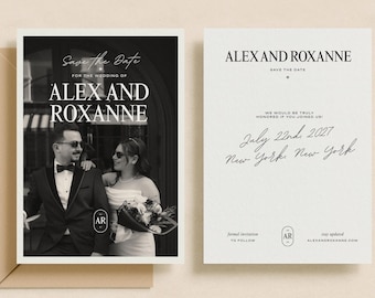 Save the Date Card Template Editable Canva Wedding Announcement Elegant Printable Download Digital Design Black White Engagement Invitation