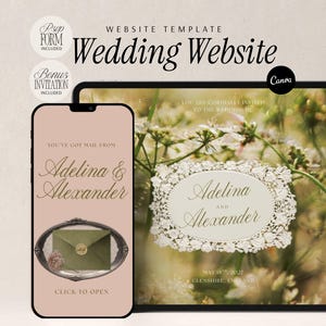 Wedding Website Template Canva Digital Invitation Suite Complete Package Eleven Pages RSVP Form Online Vintage Wildflower Design Romantic Timeless Classic Elegance Soft Pink Cream Colors Lace Details Script Typography Mobile Responsive DIY