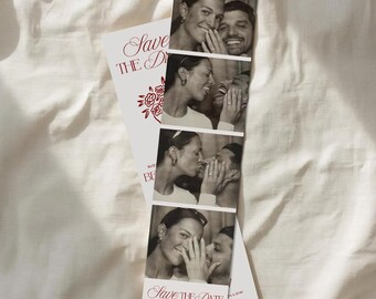 Save the Date Photo Booth Strip Template Floral Romantic Bookmark Design Ivory Burgundy Wedding Announcement Elegant Sophisticated Classic