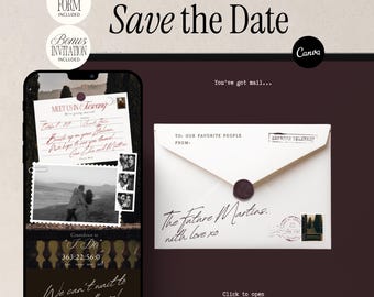 Save the Date Website Template Burgundy Vintage Postcard Invitation Editable Digital Wedding Announcement Old Money Destination Postcard