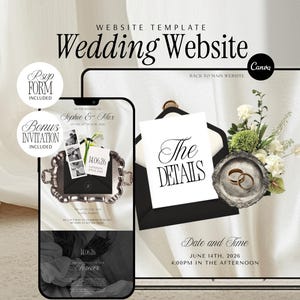May include: A wedding website template with the text "Wedding Website". The design includes a smartphone displaying a wedding invitation, a card that says "The Details", and a plate with wedding rings. The design also includes the text "Date and Time".