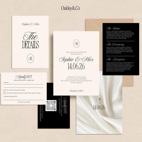 Ensemble modèle de suite de faire-part de mariage de luxe modifiable sur toile, impression numérique en téléchargement monogramme élégant moderne classique noir blanc intemporel