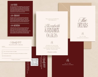 Burgundy Wedding Invitation Template Bundle Canva Editable Invite Printable Stationery Design Suite Classic Elegant Ceremony Announcement