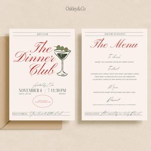 Op de afbeelding: Een crèmekleurige uitnodigings- en menuset voor The Dinner Club. De uitnodiging bevat een illustratie van een martiniglas met drie olijven, evenementdetails voor 4 november en een rood ovaal RSVP-gebied. Het menu bevat gerechten zoals zuurdesem, heilbot en rozenmousse.