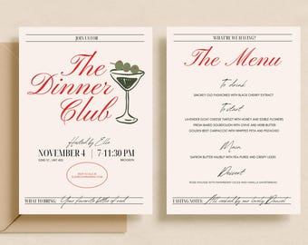 Convite para Jantar - Modelo de Cardápio Editável no Canva - Aniversário, Festa, Jantar em Clube - Taça de Martini - Coquetel - Cartão de Caligrafia Imprimível