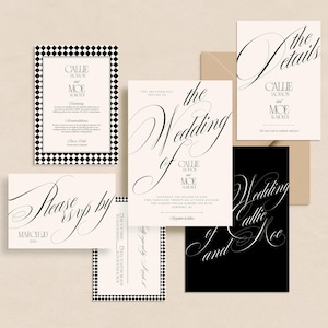 Wedding Invitation Template Canva Editable Bundle Complete Digital Suite Black Calligraphy Design Modern Serif Fonts Diamond Harlequin Pattern Border Elegant Romantic Style RSVP Card Details Insert Instant Download DIY Wedding Stationery